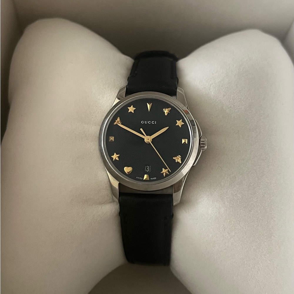 Gucci Women’s Watch with Black Strap and Gold and Silver Details